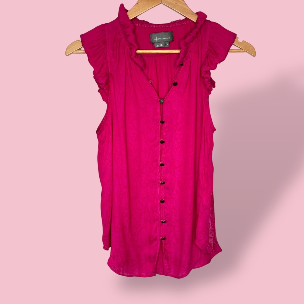 Anthropologie Ruffle Blouse‎ Sleeveless Button Down Top Hot Pink XS